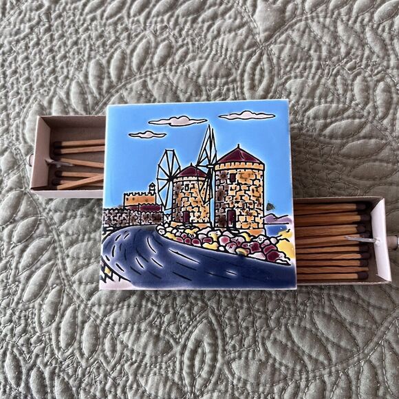 Vintage Match Holders 2 Ceramic Porcelain Hand Painted Tile Tops - Picture 13 of 16